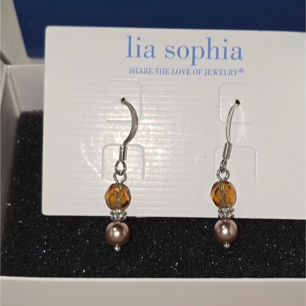 Lia Sophia Amber Glass Bead and Taupe Faux Pearl Silver Tone Drop Earrings NEW